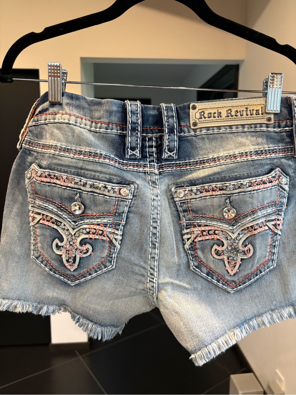 Rock Revival Denim Shorts in Light Blue with Pink Stitching